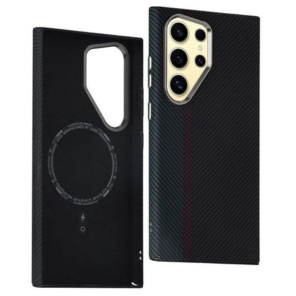 For Samsung Galaxy S23 Ultra Case Compatible with MagSafe Carbon Fiber Texture Water-Transfer PC Phone Cover - Blue+Red+Black