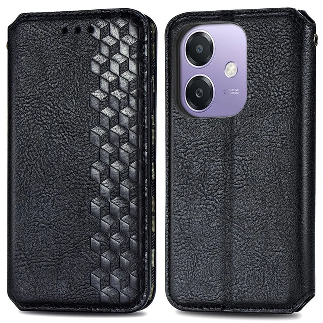 For Oppo A3x 4G / 5G Case Rhombus Imprint PU Leather Wallet Phone Cover - Black