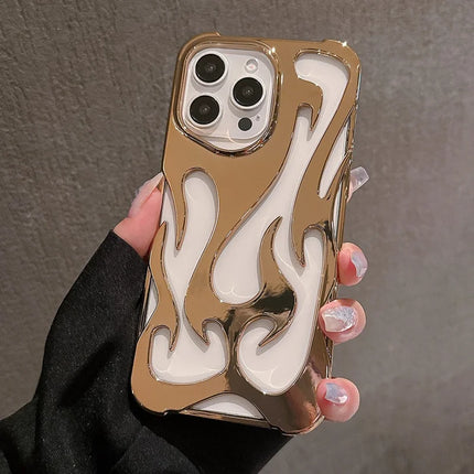 For iPhone 16 Pro Max Case Hollow Flame Design Electroplated TPU Phone Cover - Gold