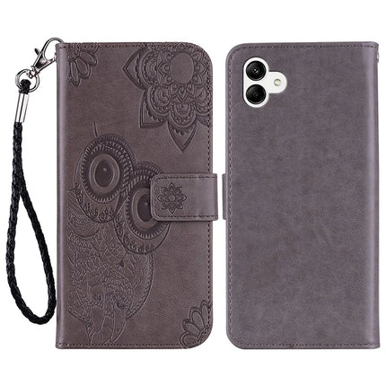 For Samsung Galaxy A06 Case Owl Flower Imprinted Leather Cover Wallet with Strap - Grey