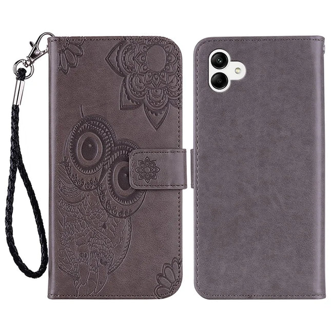 For Samsung Galaxy A06 Case Owl Flower Imprinted Leather Cover Wallet with Strap - Grey