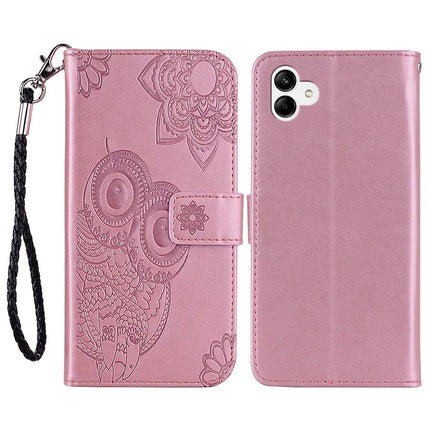 For Samsung Galaxy A06 Case Owl Flower Imprinted Leather Cover Wallet with Strap - Rose Gold