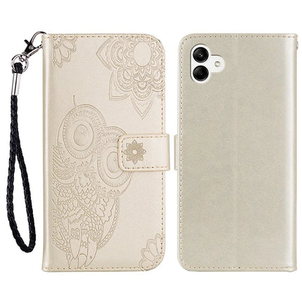 For Samsung Galaxy A06 Case Owl Flower Imprinted Leather Cover Wallet with Strap - Gold