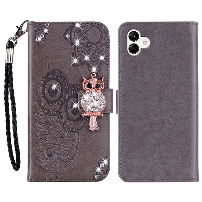 For Samsung Galaxy A06 Wallet Case Owl Flower Imprinted Rhinestone Leather Cover - Grey