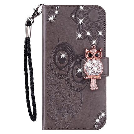 For Samsung Galaxy A06 Wallet Case Owl Flower Imprinted Rhinestone Leather Cover