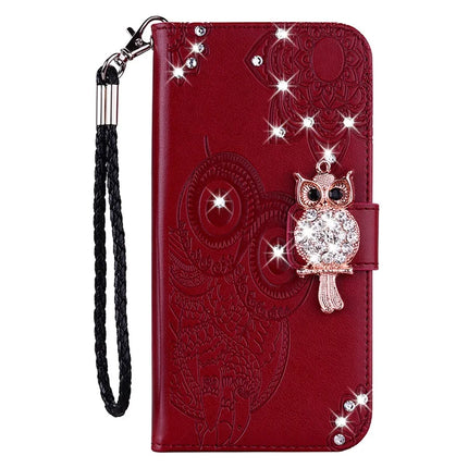For Samsung Galaxy A06 Wallet Case Owl Flower Imprinted Rhinestone Leather Cover