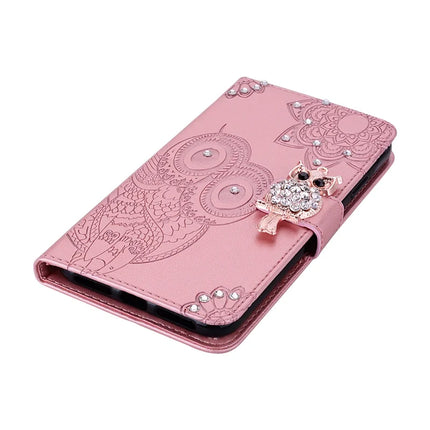 For Samsung Galaxy A06 Wallet Case Owl Flower Imprinted Rhinestone Leather Cover