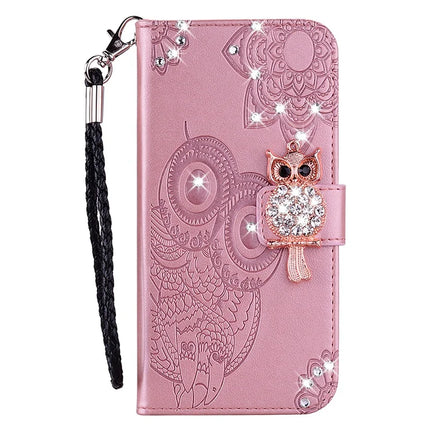For Samsung Galaxy A06 Wallet Case Owl Flower Imprinted Rhinestone Leather Cover