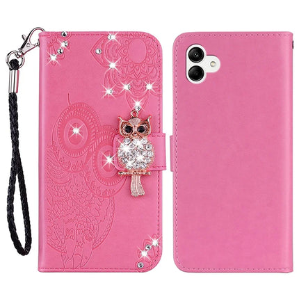 For Samsung Galaxy A06 Wallet Case Owl Flower Imprinted Rhinestone Leather Cover - Rose