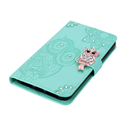 For Samsung Galaxy A06 Wallet Case Owl Flower Imprinted Rhinestone Leather Cover