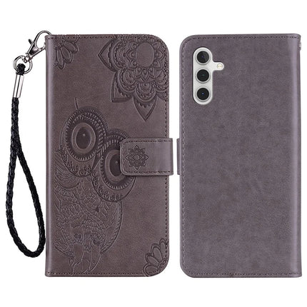 For Samsung Galaxy A16 5G  /  4G Case Owl Flower Imprinted Leather Cover Wallet with Strap - Grey