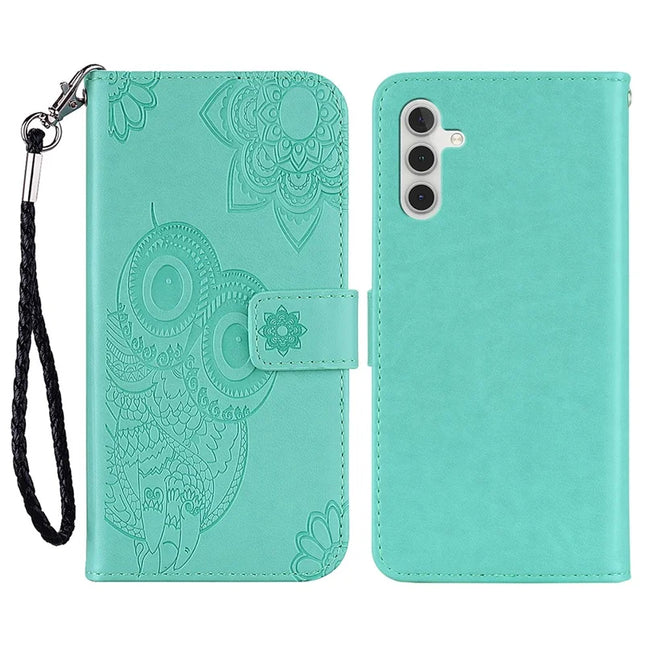 For Samsung Galaxy A16 5G  /  4G Case Owl Flower Imprinted Leather Cover Wallet with Strap - Cyan