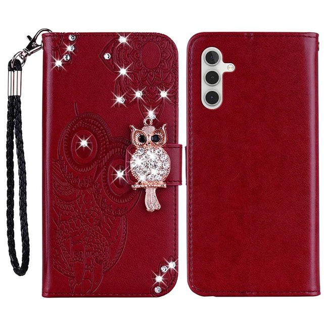 For Samsung Galaxy A16 5G  /  4G Wallet Case Owl Flower Imprinted Rhinestone Leather Cover - Red