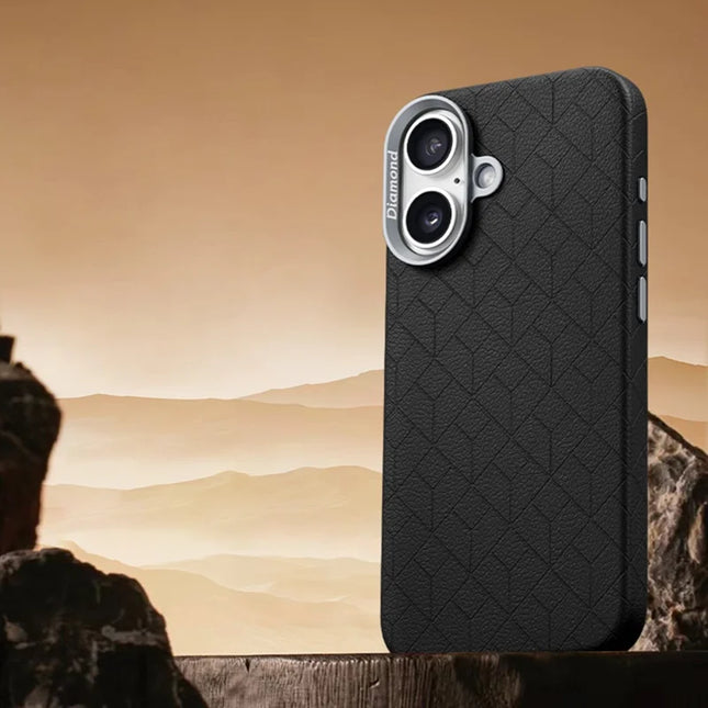 For iPhone 16 Plus Case Compatible with MagSafe Metal Lens Frame Y Pattern PC+PU Phone Cover - Black