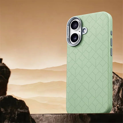 For iPhone 16 Plus Case Compatible with MagSafe Metal Lens Frame Y Pattern PC+PU Phone Cover - Green