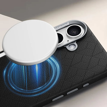 For iPhone 16 Plus Case Compatible with MagSafe Metal Lens Frame Y Pattern PC+PU Phone Cover