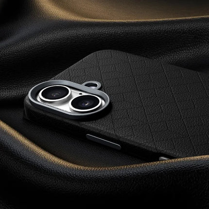 For iPhone 16 Plus Case Compatible with MagSafe Metal Lens Frame Y Pattern PC+PU Phone Cover