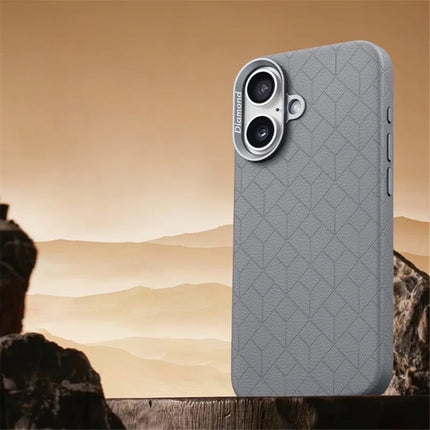 For iPhone 16 Plus Case Compatible with MagSafe Metal Lens Frame Y Pattern PC+PU Phone Cover - Dark Grey