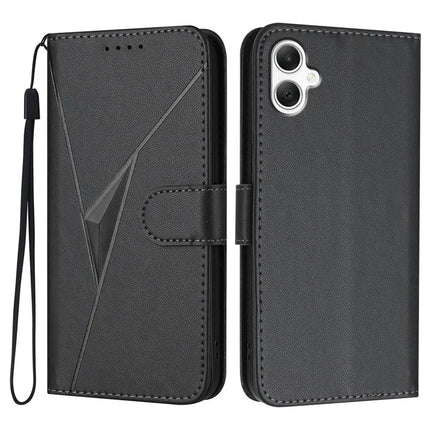YX0090 For Samsung Galaxy A06 Case Triangle Imprint Leather Phone Cover with Lanyard - Black