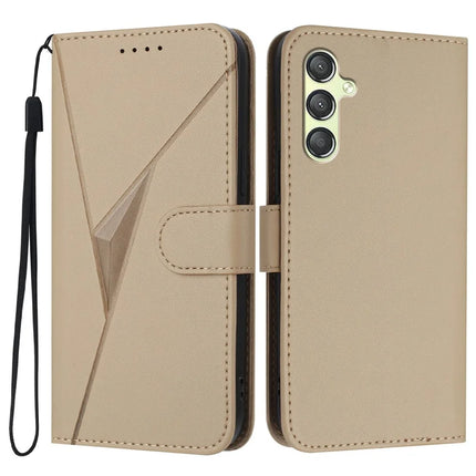 For Samsung Galaxy A55 5G Case Triangle Imprint Leather Phone Cover with Lanyard - Gold