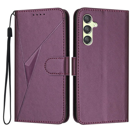 For Samsung Galaxy A55 5G Case Triangle Imprint Leather Phone Cover with Lanyard - Dark Purple