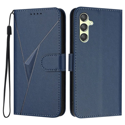 For Samsung Galaxy A55 5G Case Triangle Imprint Leather Phone Cover with Lanyard - Sapphire