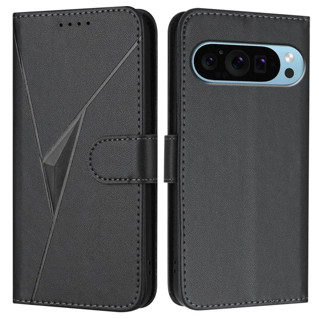 For Google Pixel 9 Pro XL Case Triangle Imprint Leather Phone Cover with Lanyard - Black
