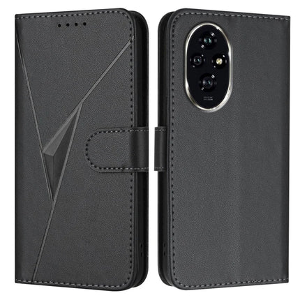 For Honor 200 Pro 5G Case Triangle Imprint Leather Phone Cover with Lanyard - Black