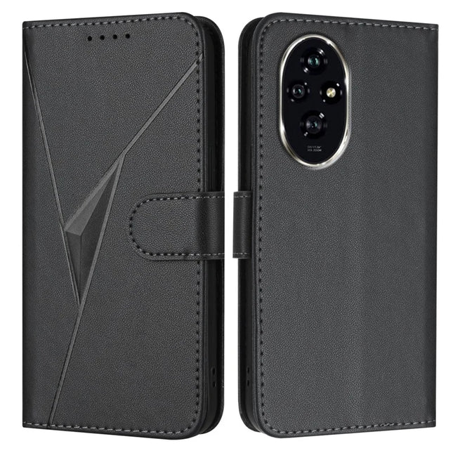 For Honor 200 Pro 5G Case Triangle Imprint Leather Phone Cover with Lanyard - Black