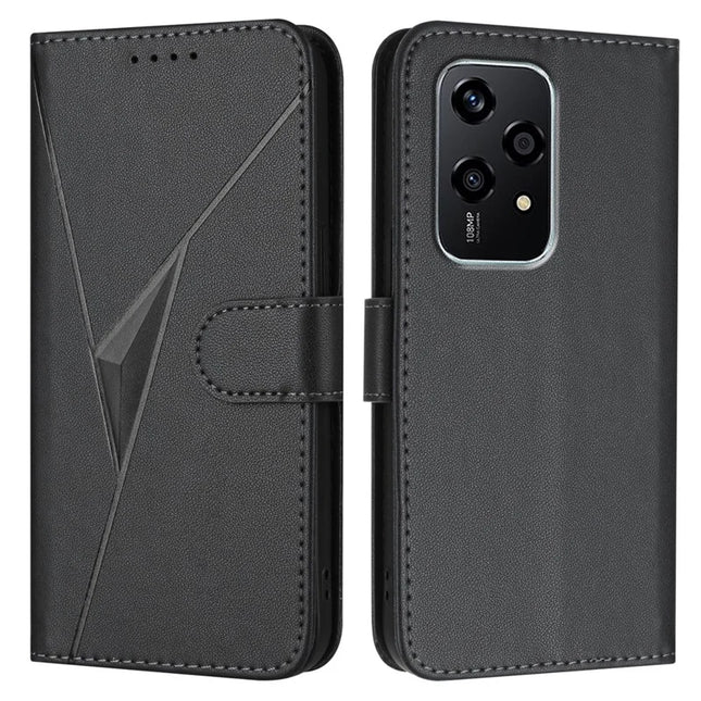 For Honor 200 Lite Case Triangle Imprint Leather Phone Cover with Lanyard - Black