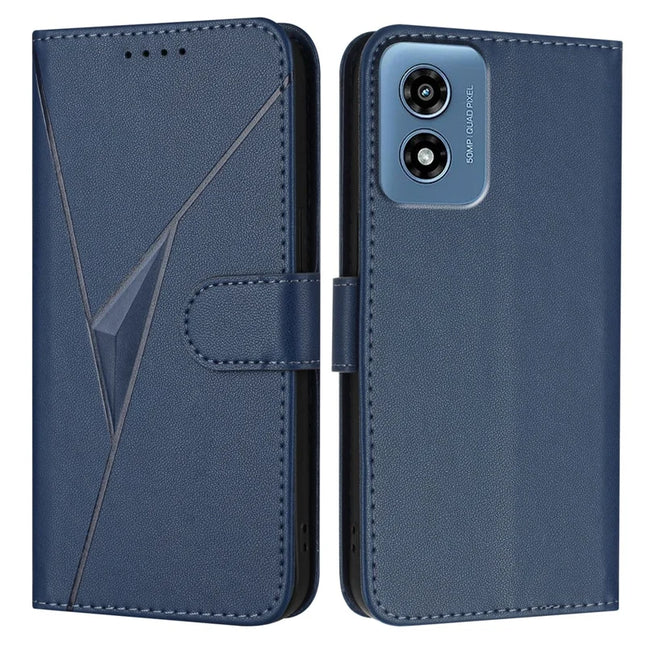 YX0090 For Motorola Moto G Play (2024) 4G Case Triangle Imprint Leather Phone Cover with Lanyard - Sapphire