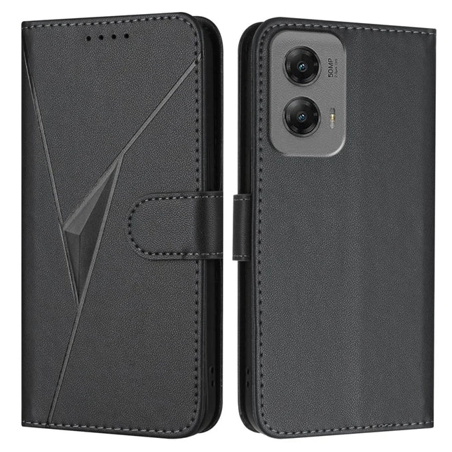 For Motorola Moto G Stylus 5G (2024) Case Triangle Imprint Leather Phone Cover with Lanyard - Black