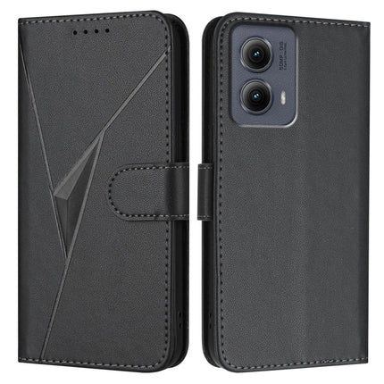 For Motorola Edge (2024) 5G Case Triangle Imprint Leather Phone Cover with Lanyard - Black