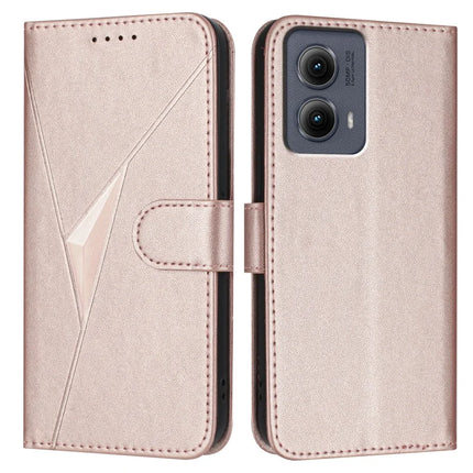 For Motorola Edge (2024) 5G Case Triangle Imprint Leather Phone Cover with Lanyard - Rose Gold
