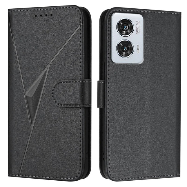 YX0090 For Motorola Edge 50 Fusion 5G Case Triangle Imprint Leather Phone Cover with Lanyard - Black