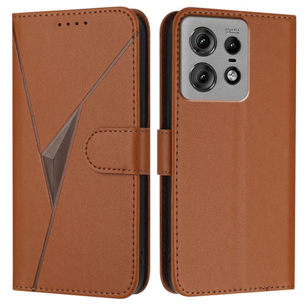 For Motorola Edge 50 Pro 5G Case Triangle Imprint Leather Phone Cover with Lanyard - Coffee
