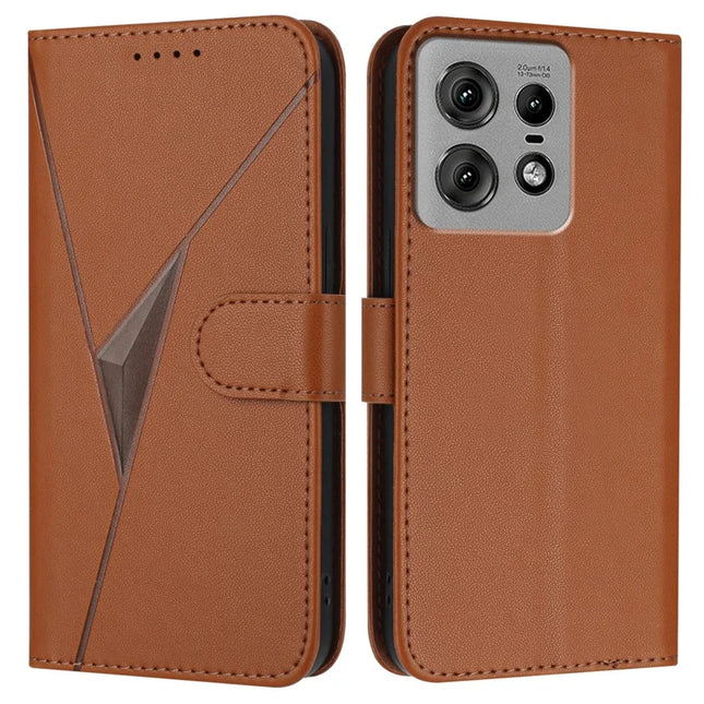 For Motorola Edge 50 Pro 5G Case Triangle Imprint Leather Phone Cover with Lanyard - Coffee