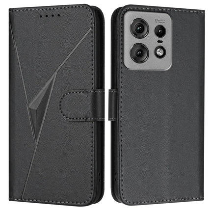 For Motorola Edge 50 Pro 5G Case Triangle Imprint Leather Phone Cover with Lanyard - Black
