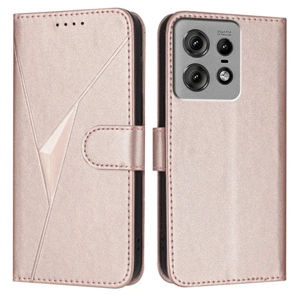 For Motorola Edge 50 Pro 5G Case Triangle Imprint Leather Phone Cover with Lanyard - Rose Gold