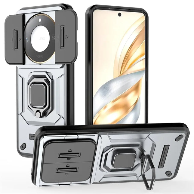 For Honor X60 5G Case PC+TPU Kickstand Phone Protector with Lens Cover - Grey