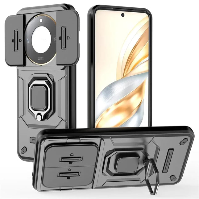 For Honor X60 5G Case PC+TPU Kickstand Phone Protector with Lens Cover - Black