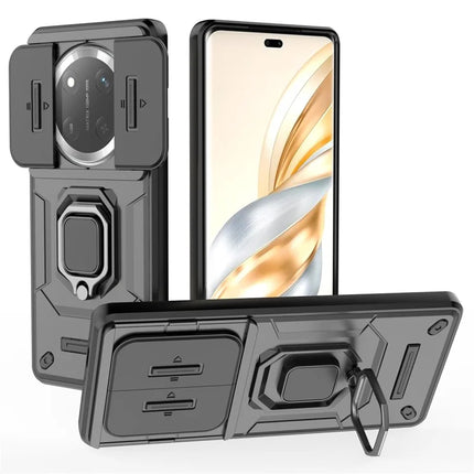 For Honor X60 Pro 5G Case PC+TPU Kickstand Phone Protector with Lens Cover - Black