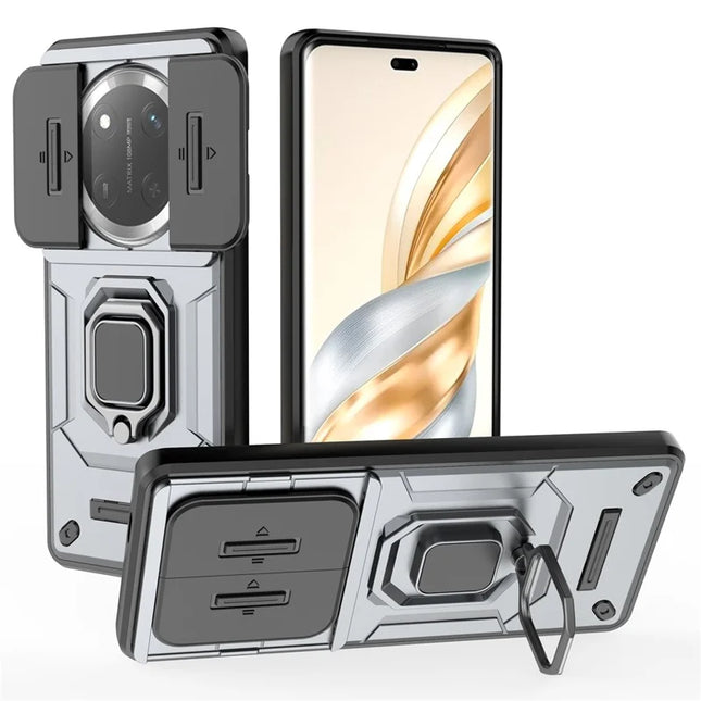 For Honor X60 Pro 5G Case PC+TPU Kickstand Phone Protector with Lens Cover - Grey
