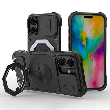 For iPhone 16 Case Compatible with MagSafe PC+TPU Kickstand Phone Cover with Lanyard - Black