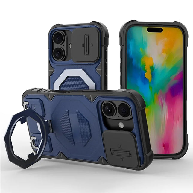 For iPhone 16 Case Compatible with MagSafe PC+TPU Kickstand Phone Cover with Lanyard - Blue