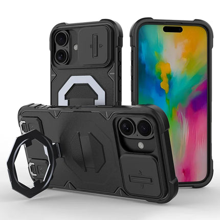For iPhone 16 Plus Case Compatible with MagSafe PC+TPU Kickstand Phone Cover with Lanyard - Black
