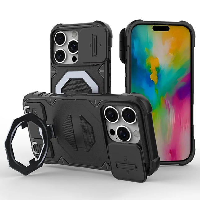 For iPhone 16 Pro Max Case Compatible with MagSafe PC+TPU Kickstand Phone Cover with Lanyard - Black