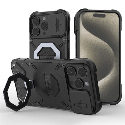 For iPhone 15 Pro Max Case Compatible with MagSafe PC+TPU Kickstand Phone Cover with Lanyard - Black