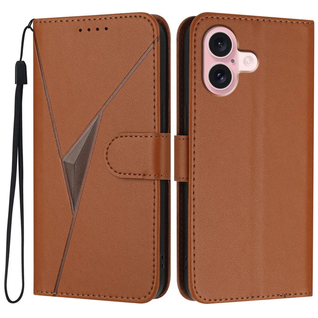 YX0090 For iPhone 16 Case Triangle Imprint Leather Phone Cover with Lanyard - Coffee