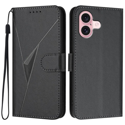 YX0090 For iPhone 16 Case Triangle Imprint Leather Phone Cover with Lanyard - Black